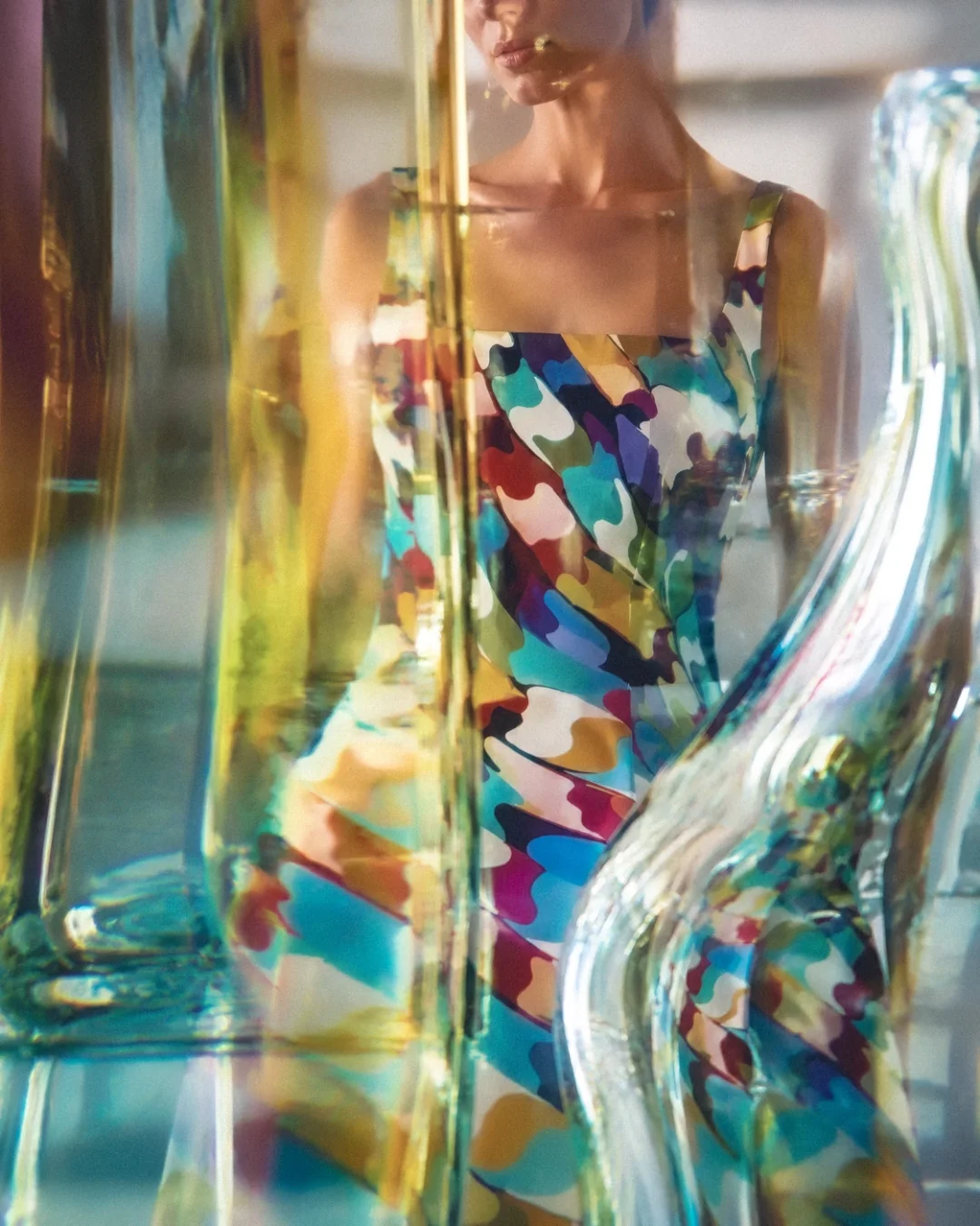 AI fashion campaign visual: model in Mary Katrantzou printed dress in Venice