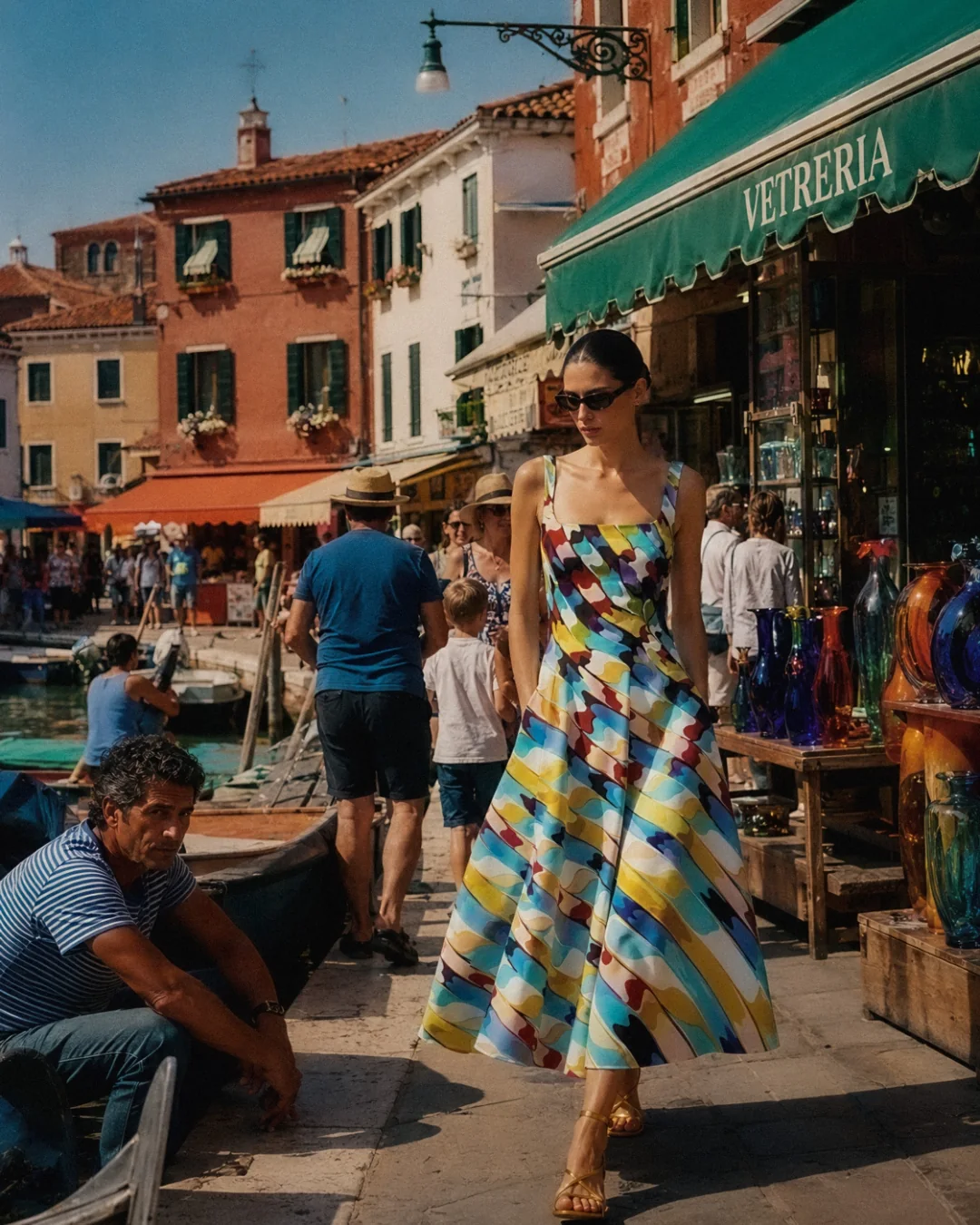 AI fashion campaign visual: printed dress seen through Murano glass