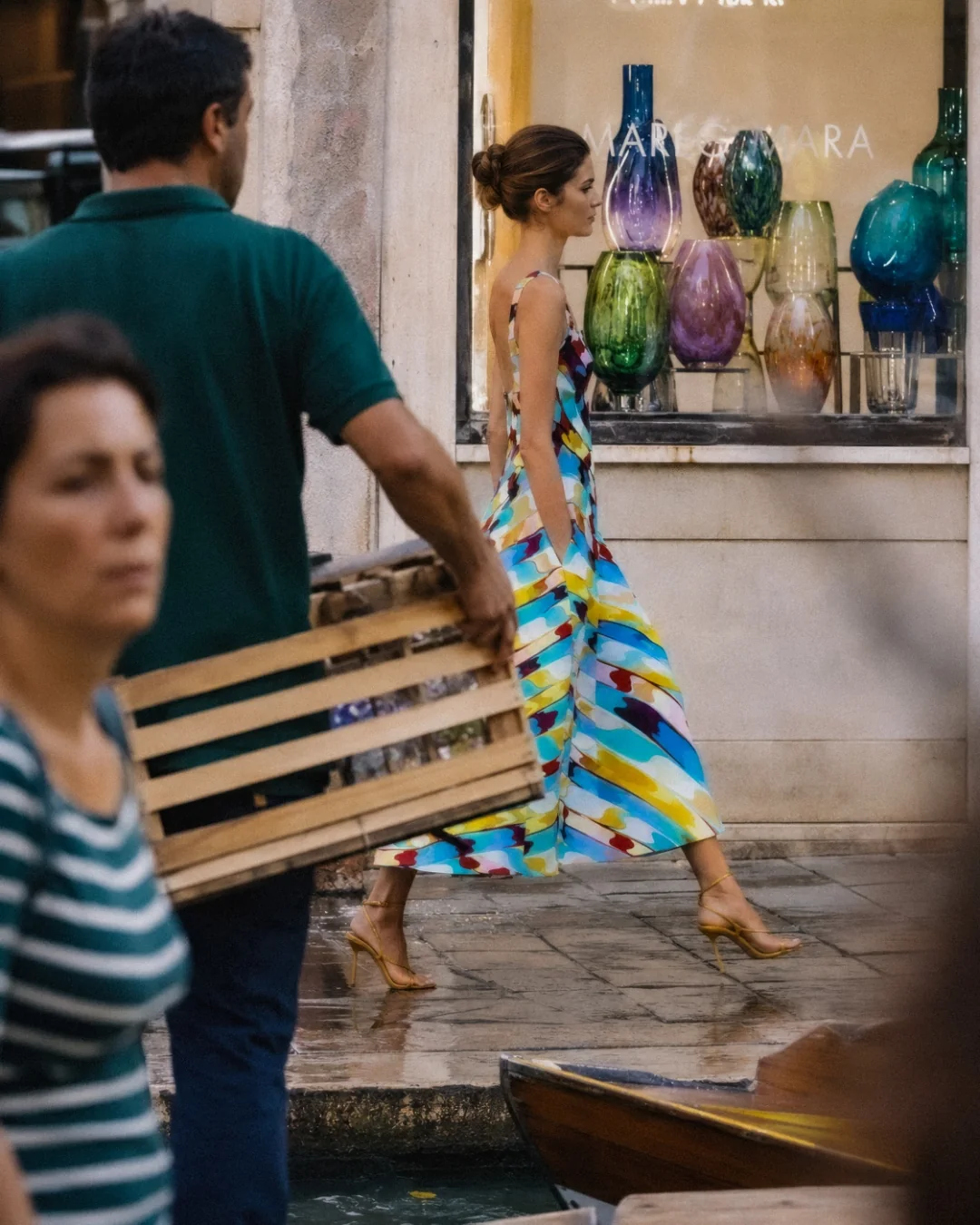 AI fashion campaign visual: Mary Katrantzou dress by a Venetian canal