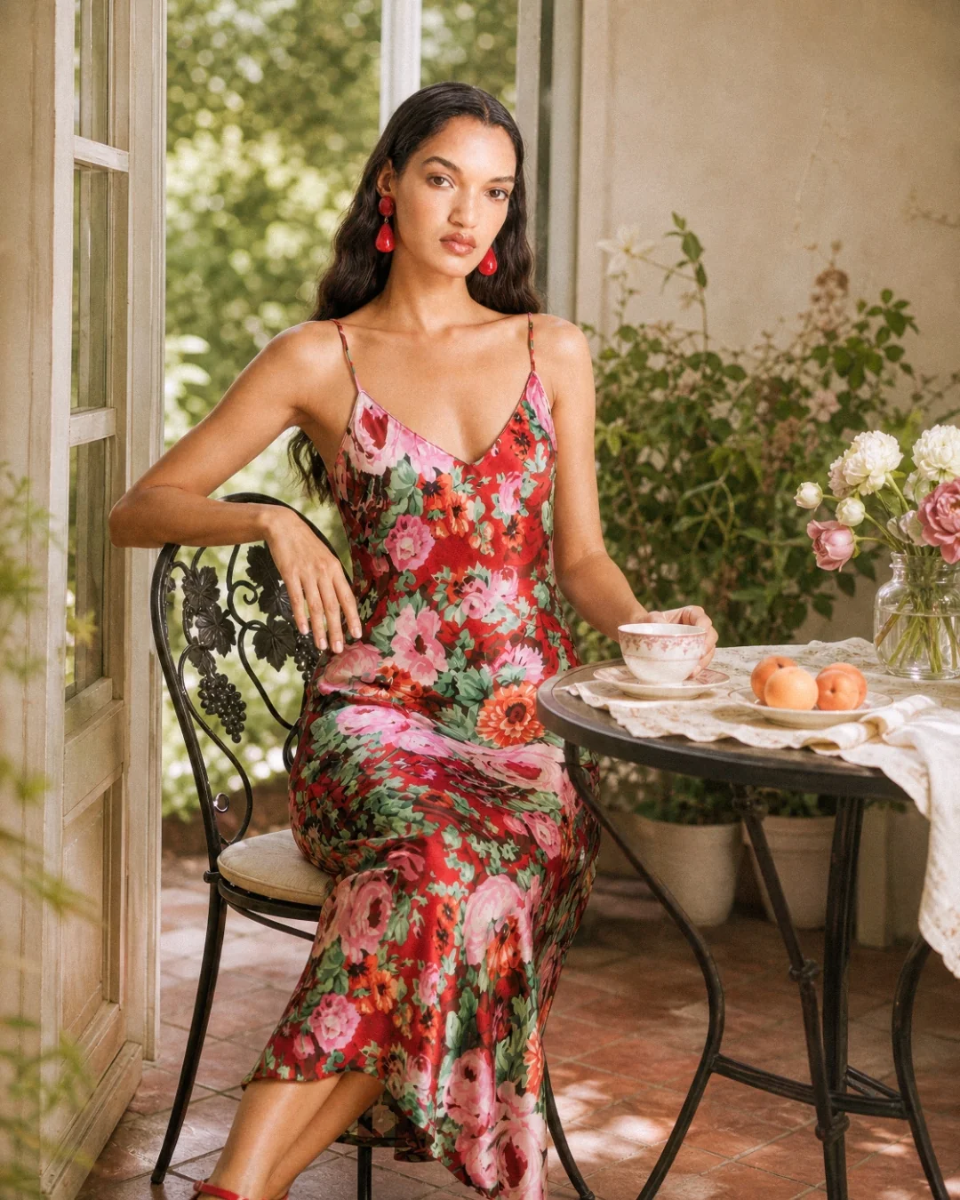 AI fashion campaign visual: floral silk dress in a quiet morning setting