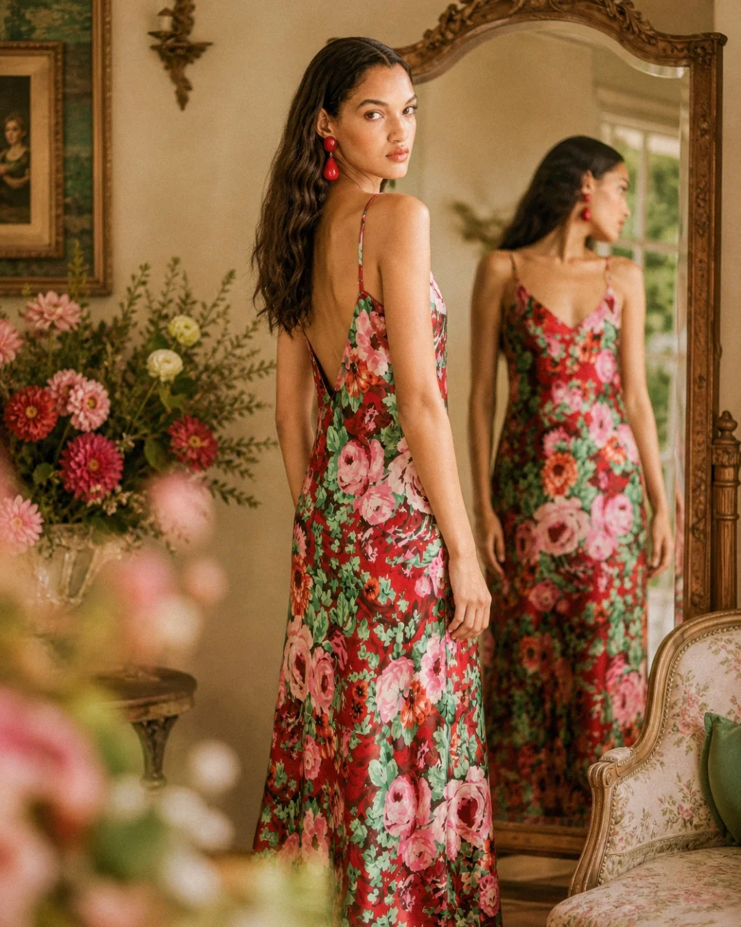 AI fashion campaign visual: beauty portrait in a red floral silk dress