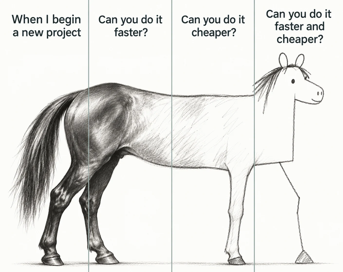 A four-panel horse illustration becomes less detailed under the captions: When I begin a new project. Can you do it faster? Can you do it cheaper? Can you do it faster and cheaper?